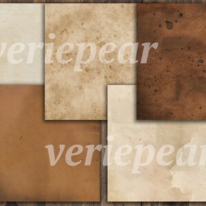 May include: Five different textured paper backgrounds in various shades of brown and beige. The papers have a vintage, aged look with subtle speckles and stains.