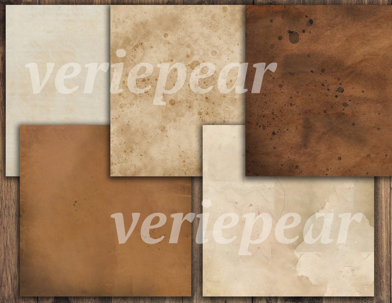 May include: Five different textured paper backgrounds in various shades of brown and beige. The papers have a vintage, aged look with subtle speckles and stains.