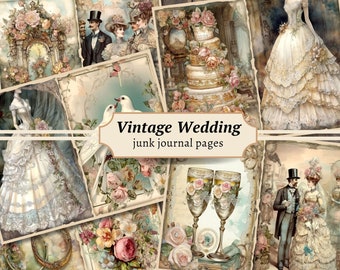 Op de afbeelding: Vintage bruiloft-thema digitaal papierpakket met afbeeldingen van een bruid, bruidegom, bruidstaart, bloemen en duiven.  Junk journal pagina's.