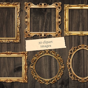 May include: Five ornate gold picture frames with intricate details. The frames are arranged in a row on a dark wood background. The frames are all different sizes and shapes, but they all have a similar ornate design.