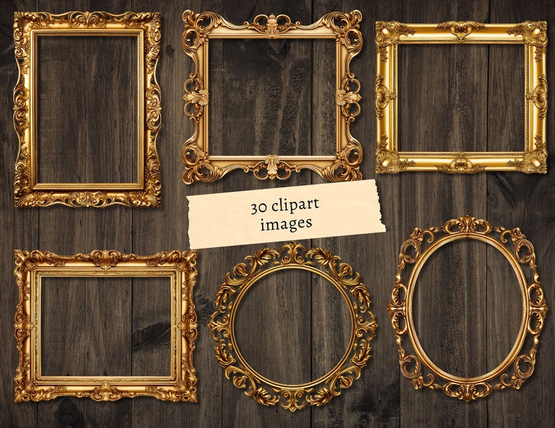 May include: Five ornate gold picture frames with intricate details. The frames are arranged in a row on a dark wood background. The frames are all different sizes and shapes, but they all have a similar ornate design.