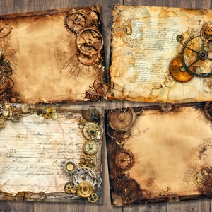 Pu&ograve; includere: Quattro sfondi di carta in stile vintage con tema steampunk. Ogni sfondo presenta un design diverso di ingranaggi, quadranti dell'orologio e testo scritto a mano.