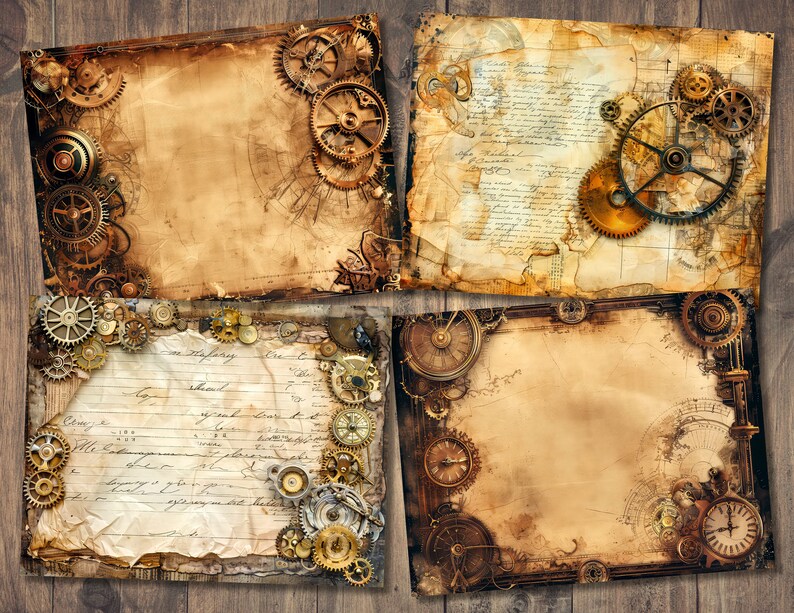 Pu&ograve; includere: Quattro sfondi di carta in stile vintage con tema steampunk. Ogni sfondo presenta un design diverso di ingranaggi, quadranti dell'orologio e testo scritto a mano.