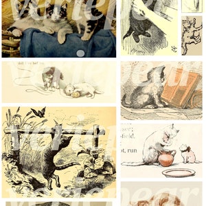 Puede incluir: Un collage de ilustraciones vintage con gatos en varias poses. Las im&aacute;genes incluyen gatos jugando con hilo, leyendo libros y trepando cercas. Las ilustraciones son en blanco y negro y tienen una est&eacute;tica caprichosa y antigua.