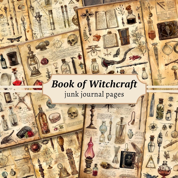 Book of Witchcraft Junk Journal Pages, Digital Scrapbook Paper Kit, Mystic Witch Printable, Gothic BOS Collage Sheet, Vintage Wicca Ephemera