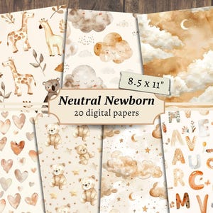 Papeles digitales neutros para recién nacidos, kit de álbum de recortes, imprimibles bohemios para la habitación del bebé, página de diario basura, material efímero para baby shower, hojas para hacer tarjetas
