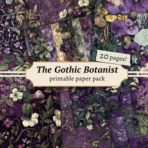 The Gothic Botanist Afdrukbaar papierpakket, donkere ongewenste dagboekpagina, digitale plakboekachtergrond, paarse textuurkit, vintage collageblad