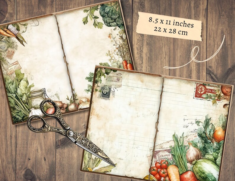 May include: Two open vintage-style journals with vegetable illustrations and blank pages, measuring 8.5 x 11 inches. A pair of ornate scissors rests on the wooden surface, alongside carrots, tomatoes, and other produce.
