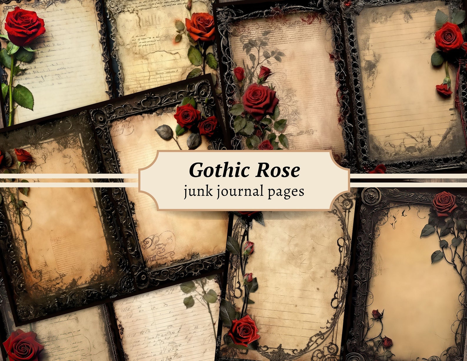 Gothic Rose Junk Journal Pages, Dark Red Scrapbook Paper Kit, Digital ...