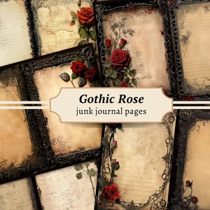 Gothic Rose Junk Journal Pages, Dark Red Scrapbook Paper Kit, Digital Collage Sheet, Victorian Frames, Grunge Printable, Vintage Ephemera