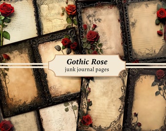 May include: Six vintage-style journal pages with black ornate frames and red roses. The pages have a distressed, aged look and are perfect for scrapbooking or junk journaling.