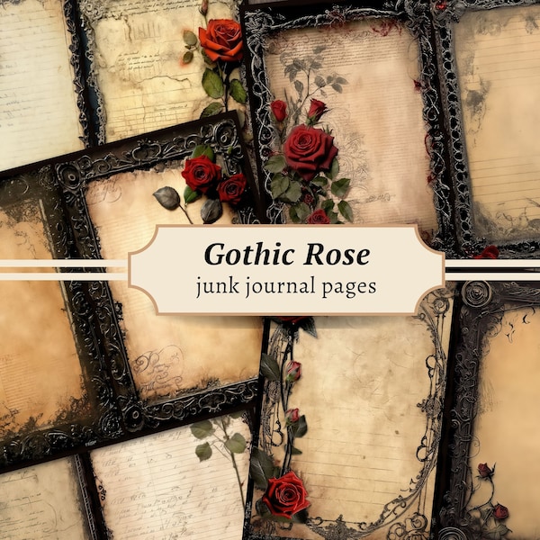 Gothic Rose Junk Journal Pages, Dark Red Scrapbook Paper Kit, Digital Collage Sheet, Victorian Frames, Grunge Printable, Vintage Ephemera