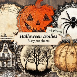 Puede incluir: Colección de blondas con temática de Halloween, que incluyen una calabaza tallada, telarañas, arañas, una casa embrujada y árboles desnudos. Las blondas son de color naranja, negro y crema, con intrincados diseños recortados. El texto dice "Halloween Doilies" y "24 piezas!"