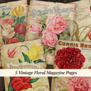 Páginas de revistas florales vintage / 5 piezas / papel de diario basura de jardín, efímera de flores digitales, álbum de recortes de jardinería imprimible, hoja de collage antigua