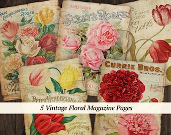 Vintage Floral Magazine Pages | 5 pc | garden junk journal paper, digital flower ephemera, printable gardening scrapbook, old collage sheet