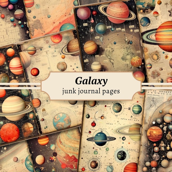 Galaxy Junk Journal Pages, Digital Scrapbook Paper Kit, Celestial Printable, Planet Collage Sheet, Vintage Ephemera, Cosmos Space Download
