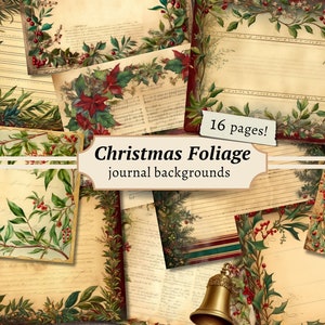 Arrière-plans feuillage de Noël, kit de papier pour scrapbooking numérique, pages imprimables du journal indésirable, feuille de collage festif, documents éphémères des vacances d'hiver