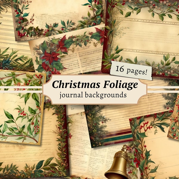 Christmas Foliage Backgrounds, Digital Scrapbook Paper Kit, Printable Junk Journal Pages, Festive Collage Sheet, Winter Holiday Ephemera