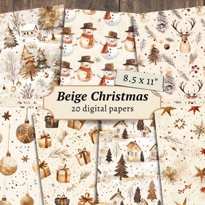 Beige digitale kerstpapieren, plakboekkit, neutrale kerst afdrukbaar, Xmas Junk Journal-pagina, kortstondige feestdagen, vel kaarten maken