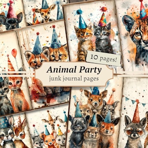 Animal Party Junk Journal Pages, digital scrapbook paper, animals with party hats printable, collage sheet, vintage ephemera, birthday cards