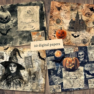 May include: A set of 20 digital papers featuring a Halloween theme. The papers include images of pumpkins, bats, witches, and haunted houses. The papers are in a vintage style with a distressed look.