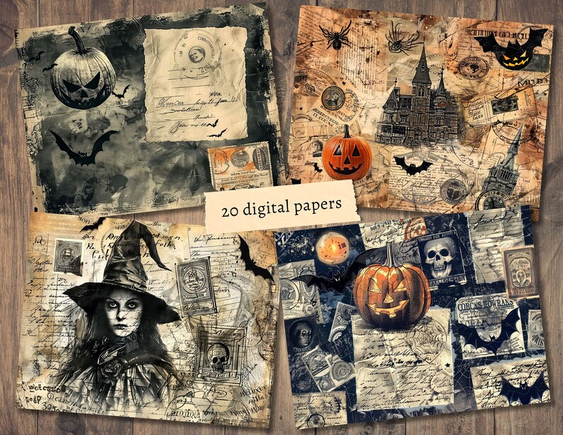 May include: A set of 20 digital papers featuring a Halloween theme. The papers include images of pumpkins, bats, witches, and haunted houses. The papers are in a vintage style with a distressed look.