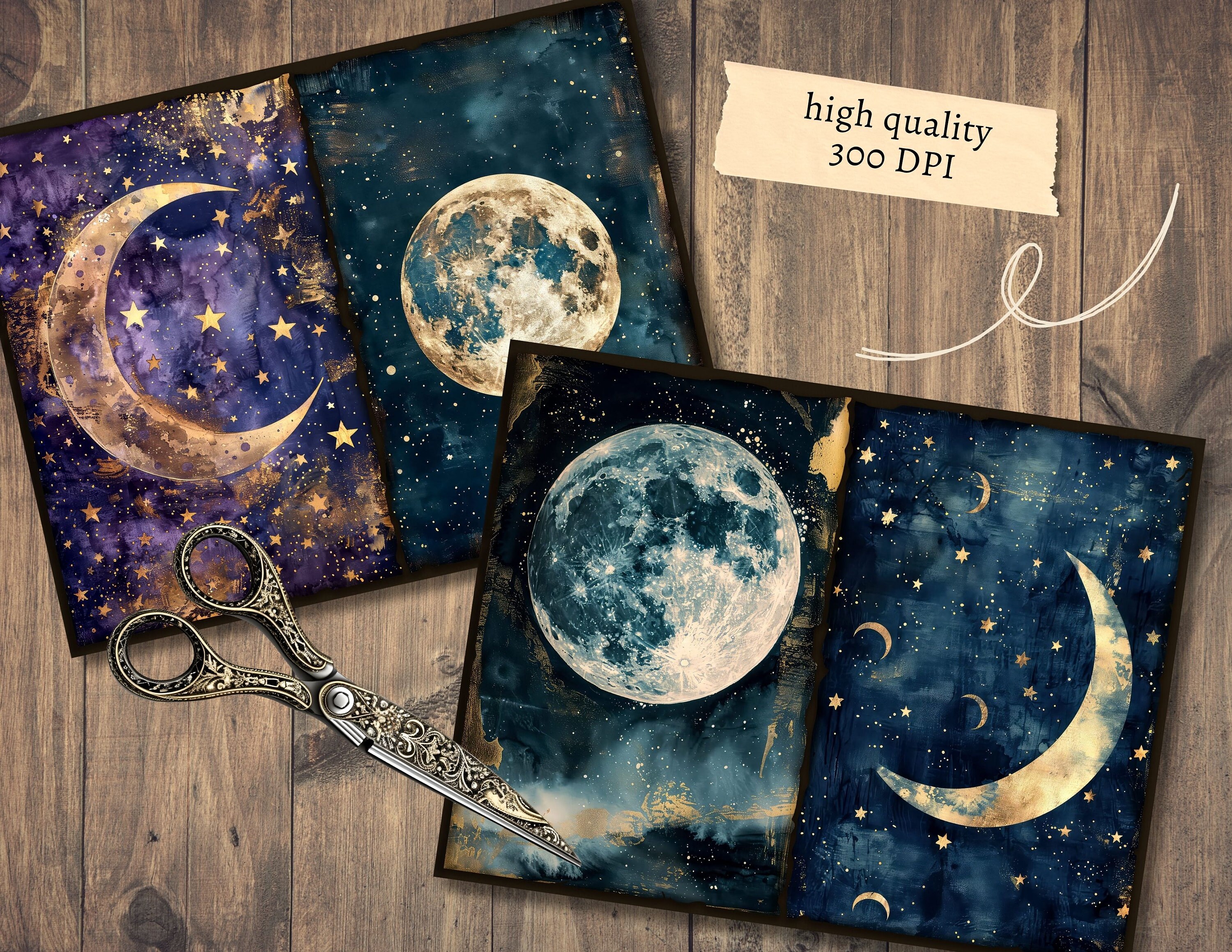 Celestial Moon Junk Journal Pages, Digital Scrapbook Paper Kit, Night ...