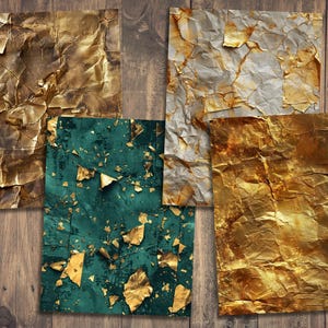 May include: Four different textured paper backgrounds in gold, brown, white, and green with gold flecks. The papers are crumpled and have a distressed look.