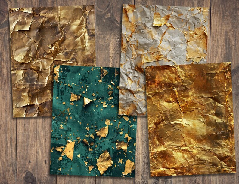 May include: Four different textured paper backgrounds in gold, brown, white, and green with gold flecks. The papers are crumpled and have a distressed look.