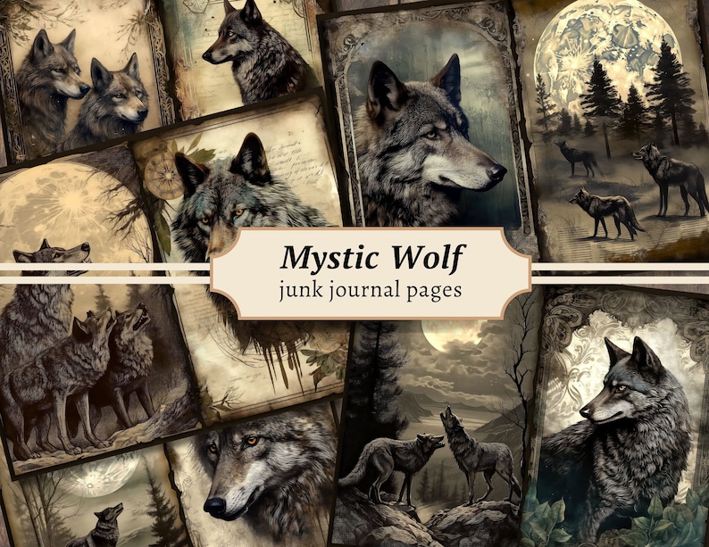K&ouml;nnte beinhalten: Eine Collage aus digitalen Bildern mit W&ouml;lfen, die zum Mond heulen. Die Bilder sind im Vintage-Stil mit einem abgenutzten, gealterten Look. Der Text "Mystic Wolf junk journal pages" ist &uuml;ber die Bilder gelegt.