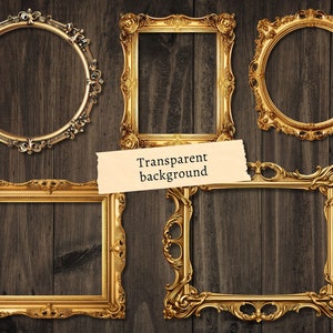 May include: Four ornate gold picture frames with intricate details, set against a wood background. The frames are empty and ready for your photos or artwork.