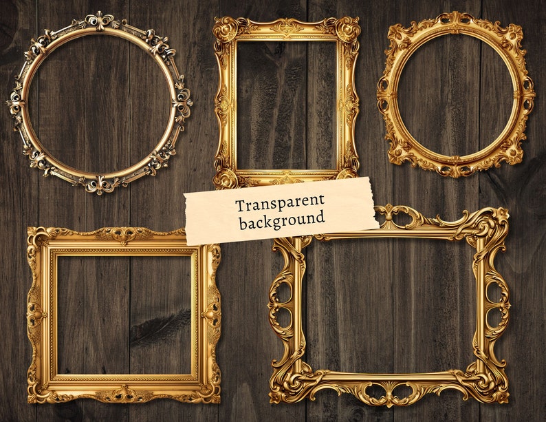 May include: Four ornate gold picture frames with intricate details, set against a wood background. The frames are empty and ready for your photos or artwork.