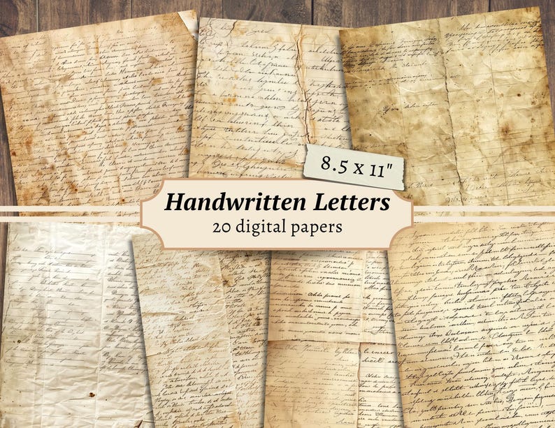 May include: Twenty digital papers featuring handwritten letters on a vintage, aged background. Each paper is 8.5 x 11 inches.