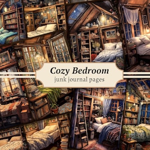 Gezellige slaapkamer ongewenste dagboekpagina's, digitale plakboekkit, afdrukbare nachtelijke hemel, plantencollageblad, vintage ephemera, boeken downloaden