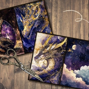 May include: A set of three watercolor paintings featuring dragons with gold accents. The first painting shows a dragon egg with a purple interior. The second painting shows a dragon with its wings spread. The third painting shows a dragon with its head tilted to the side. The paintings are on a wooden background.