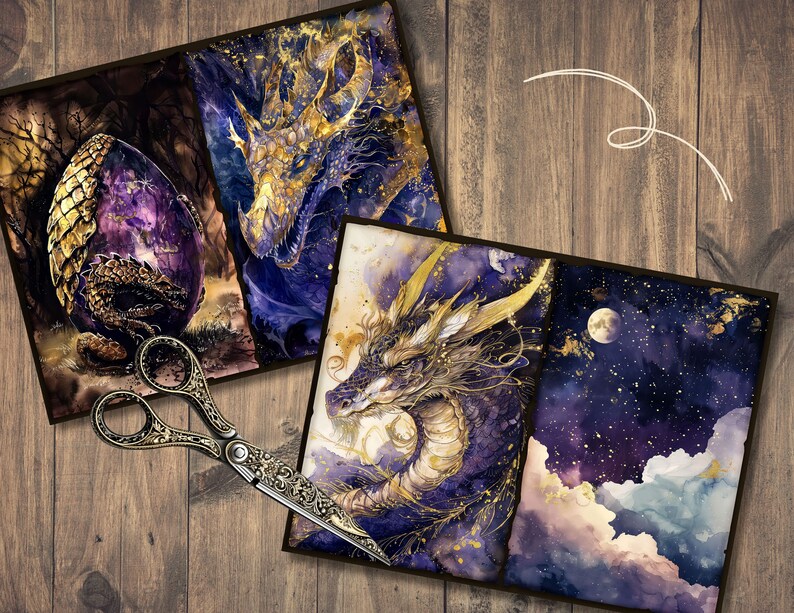 May include: A set of three watercolor paintings featuring dragons with gold accents. The first painting shows a dragon egg with a purple interior. The second painting shows a dragon with its wings spread. The third painting shows a dragon with its head tilted to the side. The paintings are on a wooden background.