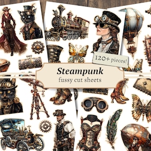 Tagli pignoli Steampunk, Oggetti effimeri digitali, Stampabili vittoriani, Adesivi vintage, Pagine di diario spazzatura, Carta per album, Foglio di collage industriale