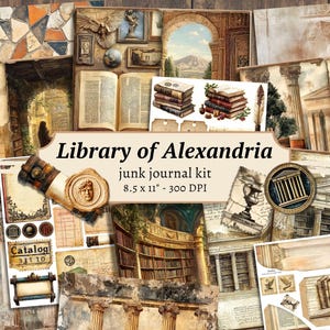 Library of Alexandria Junk Journal Kit, digitaal plakboek, oud Griekenland afdrukbaar, boekpagina's, vintage ephemera, donkere academische kaarten