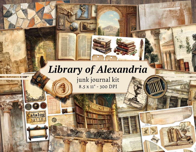 Library of Alexandria Junk Journal Kit, Digital Scrapbook Paper ...