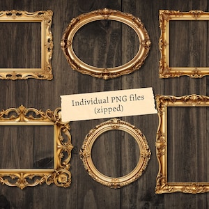 May include: Set of five ornate gold picture frames with intricate details. The frames are arranged on a wood background.  Individual PNG files (zipped).