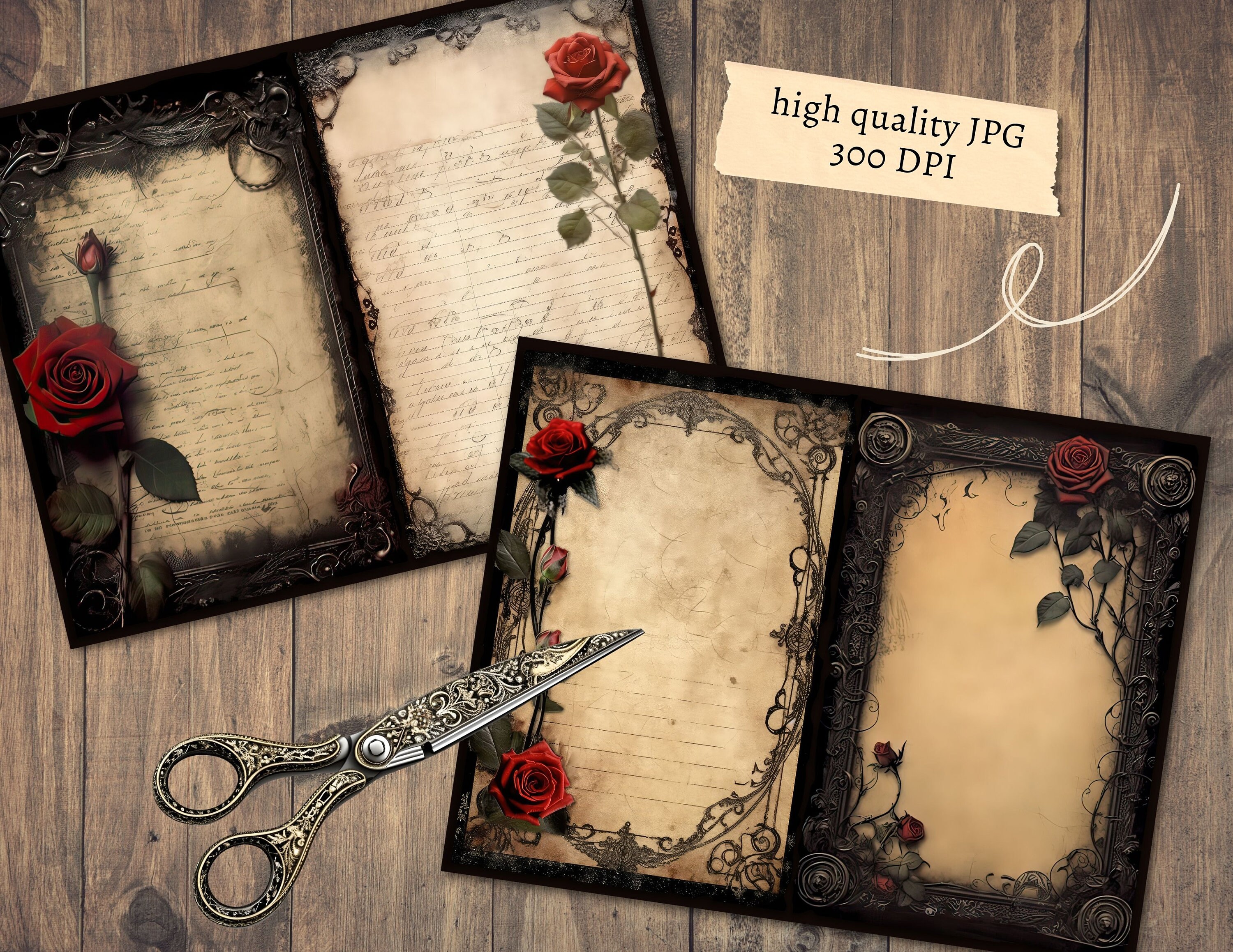 Gothic Rose Junk Journal Pages, Dark Red Scrapbook Paper Kit, Digital ...