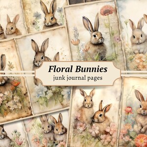 Pagine di diario spazzatura coniglietti floreali, kit di carta per album digitale, stampabile con fiori, foglio di collage di animali acquerellati, download di primavera vintage