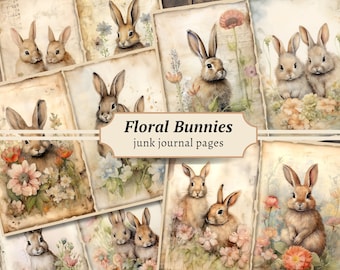 Floral Bunnies Junk Journal Pages, Digital Scrapbook Paper Kit, Flower Printable, Watercolor Animal Collage Sheet, Vintage Spring Download