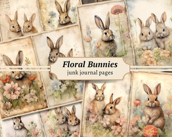 Floral Bunnies Junk Journal Pages, Digital Scrapbook Paper Kit, Flower Printable, Watercolor Animal Collage Sheet, Vintage Spring Download
