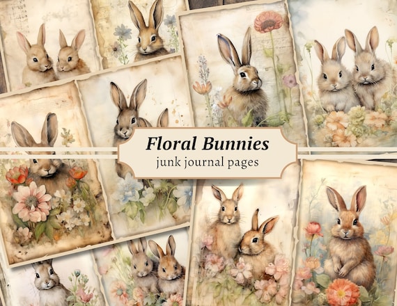 Floral Bunnies Junk Journal Pages, Digital Scrapbook Paper Kit, Flower Printable, Watercolor Animal Collage Sheet, Vintage Spring Download