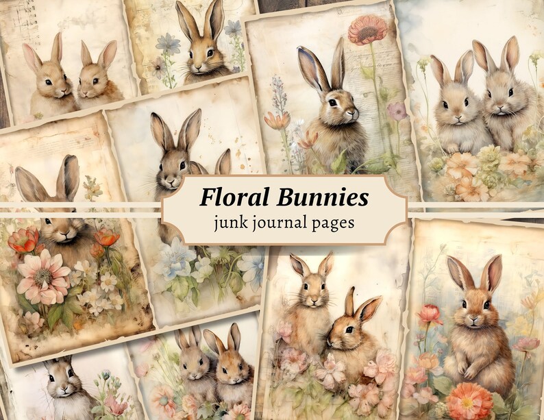 May include: A set of 10 digital printable junk journal pages featuring watercolor illustrations of bunnies and flowers. The pages have a vintage aesthetic with a distressed background.