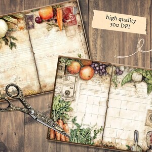 May include: Two open vintage-style recipe books with illustrations of fruits and vegetables, including onions, carrots, and grapes. A pair of ornate scissors rests on the wooden surface. The text "high quality 300 DPI" is visible.