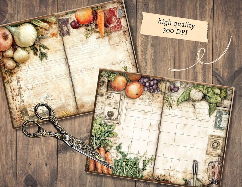 May include: Two open vintage-style recipe books with illustrations of fruits and vegetables, including onions, carrots, and grapes. A pair of ornate scissors rests on the wooden surface. The text "high quality 300 DPI" is visible.