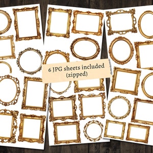 May include: A set of 24 printable gold ornate picture frames in various sizes and shapes. The frames are on a wood background. 6 JPG sheets included (zipped).