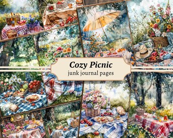 Cozy Picnic Junk Journal Pages, Digital Scrapbook Paper Kit, Cottagecore Printable, Watercolor Flower Collage Sheet, Vintage Floral Meadow